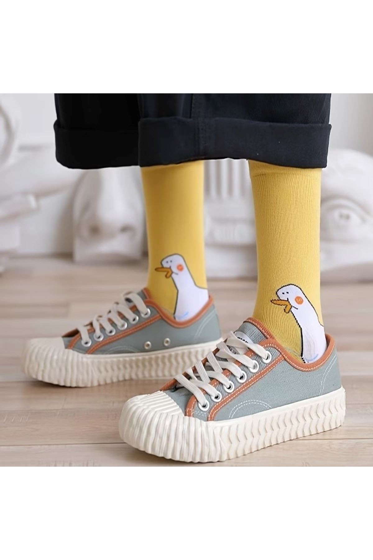 Hitit Socks Unisex 4 Çift Ördek Başı Desenli Çorap Ördek Desenli Uzun Soket Çorap 36-44 ARası