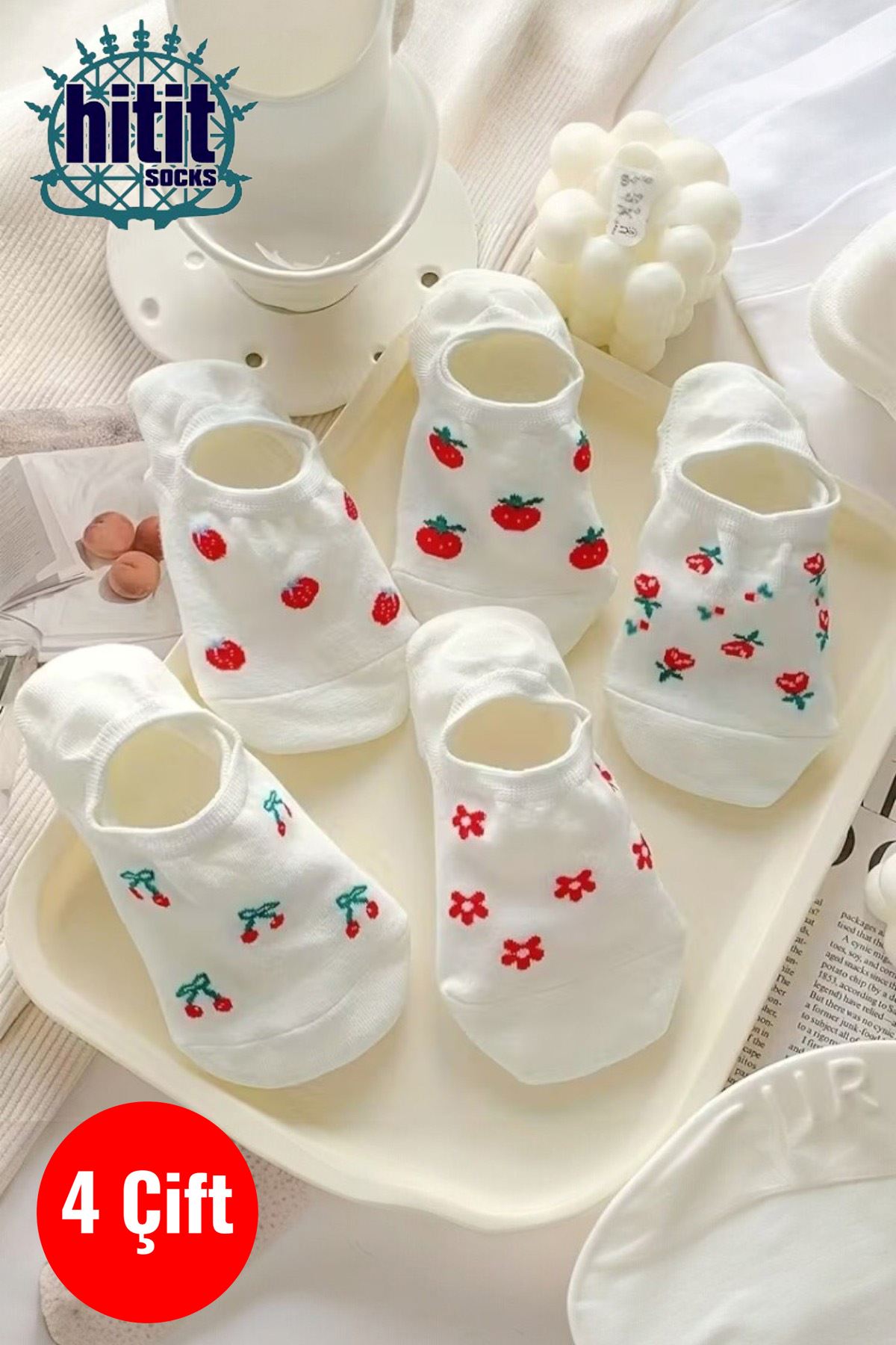 Hitit Socks Kadın 5 Çift Premium Kalite Meyve ve Çiçek Desenli Görünmeyen Kısa Çorap Çok Renkli