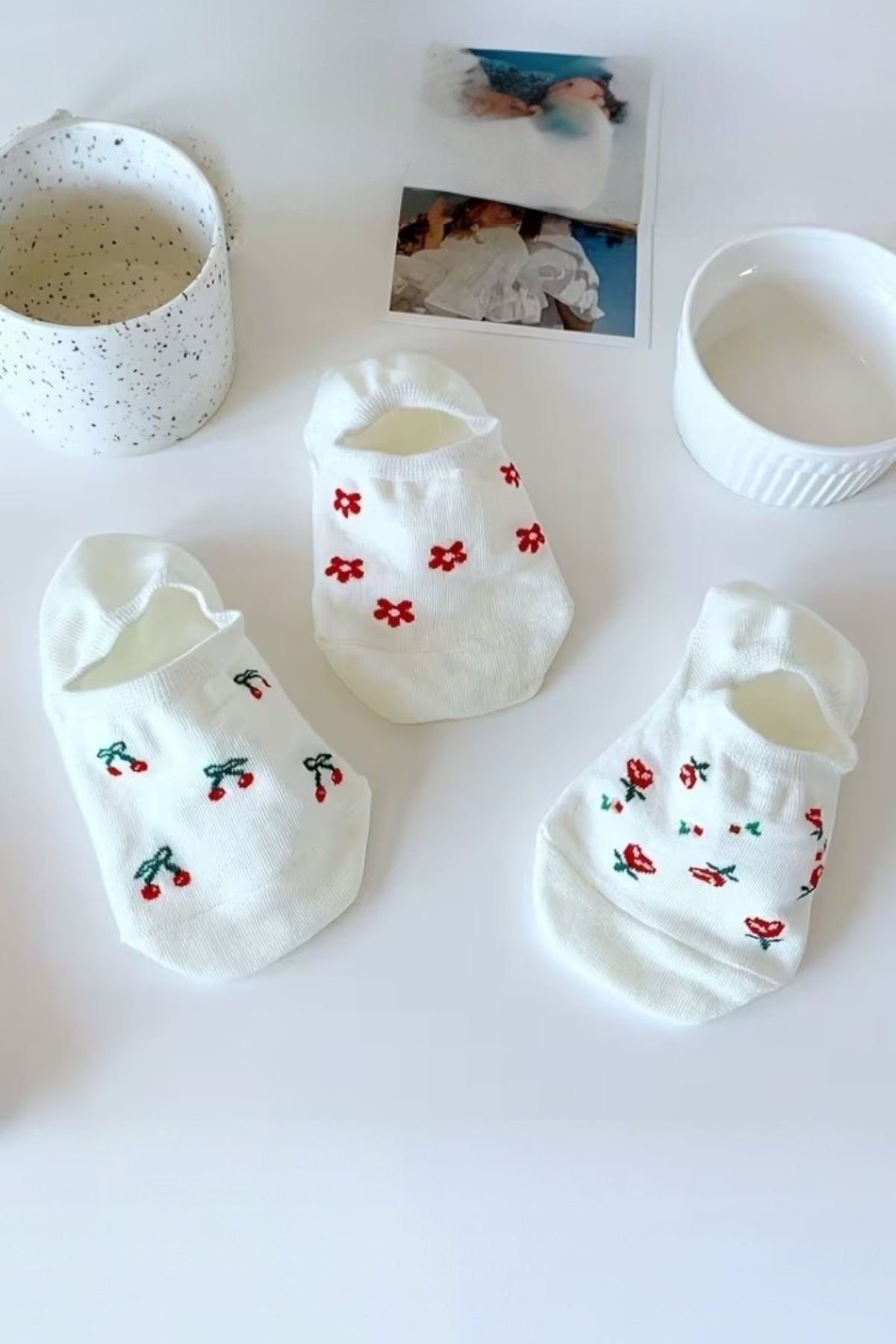 Hitit Socks Kadın 5 Çift Premium Kalite Meyve ve Çiçek Desenli Görünmeyen Kısa Çorap Çok Renkli