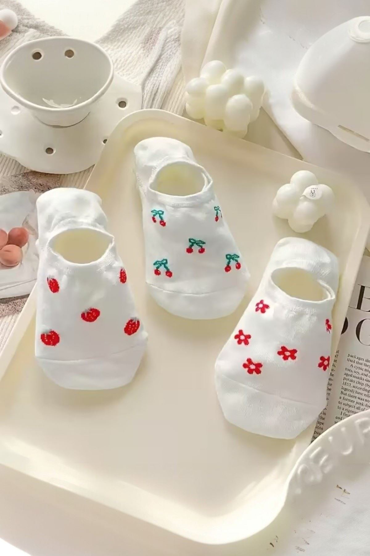 Hitit Socks Kadın 5 Çift Premium Kalite Meyve ve Çiçek Desenli Görünmeyen Kısa Çorap Çok Renkli