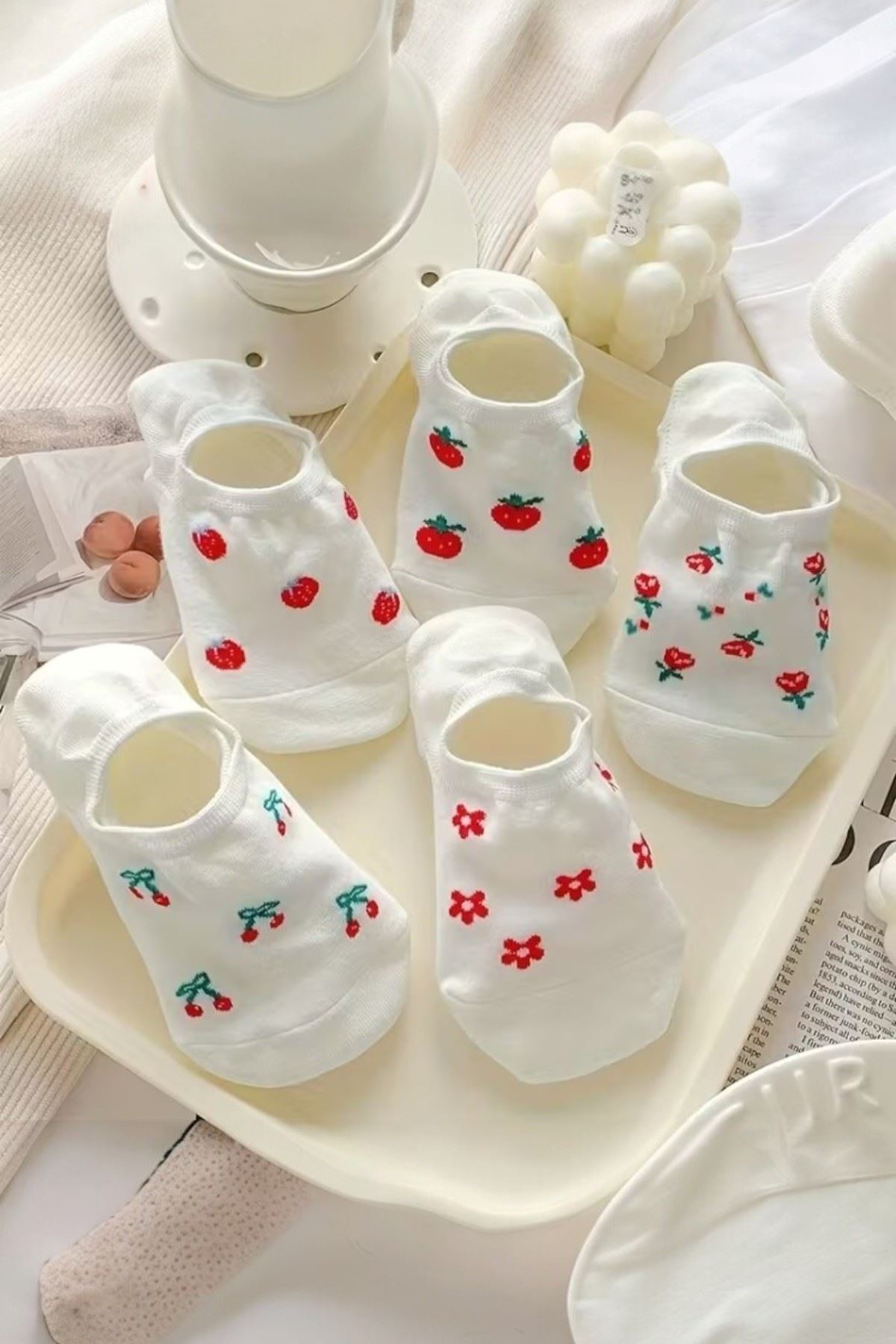 Hitit Socks Kadın 5 Çift Premium Kalite Meyve ve Çiçek Desenli Görünmeyen Kısa Çorap Çok Renkli