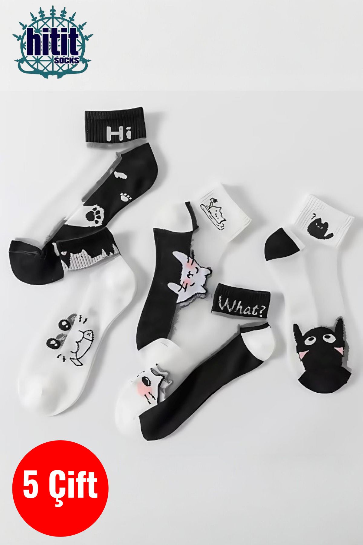 Hitit Socks Kadın 5 Çift Kedi Desenli Tül Çorap Siyah Beyaz