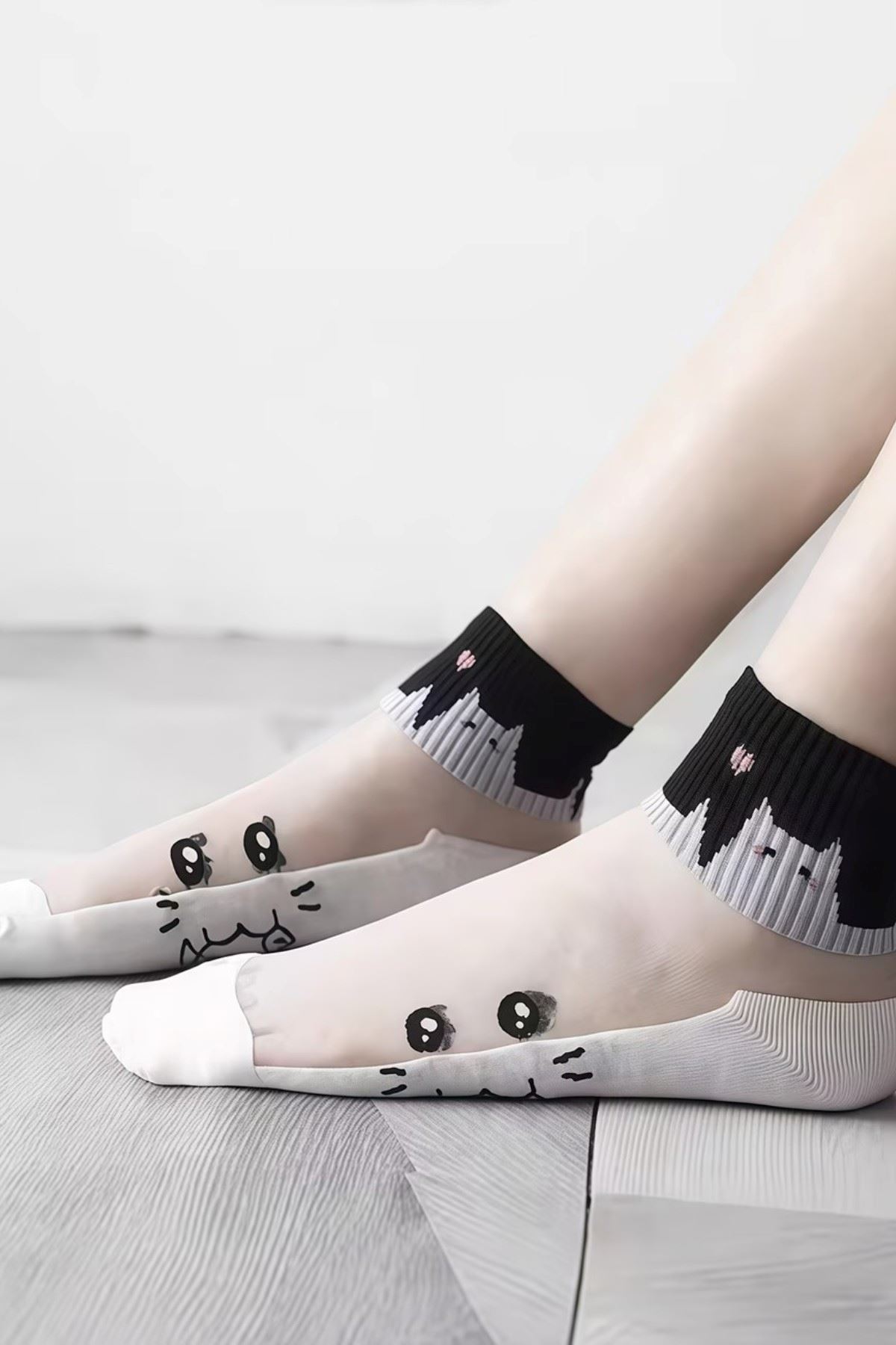 Hitit Socks Kadın 5 Çift Kedi Desenli Tül Çorap Siyah Beyaz