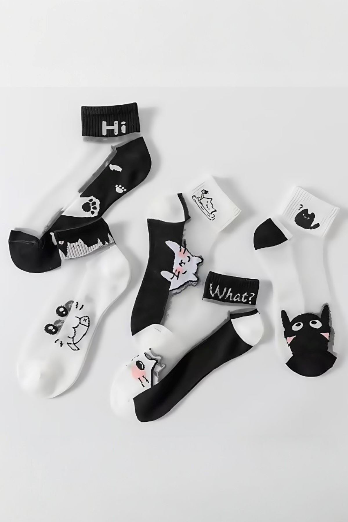 Hitit Socks Kadın 5 Çift Kedi Desenli Tül Çorap Siyah Beyaz