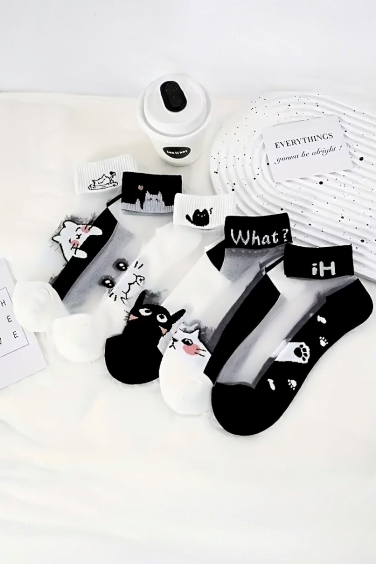 Hitit Socks Kadın 5 Çift Kedi Desenli Tül Çorap Siyah Beyaz