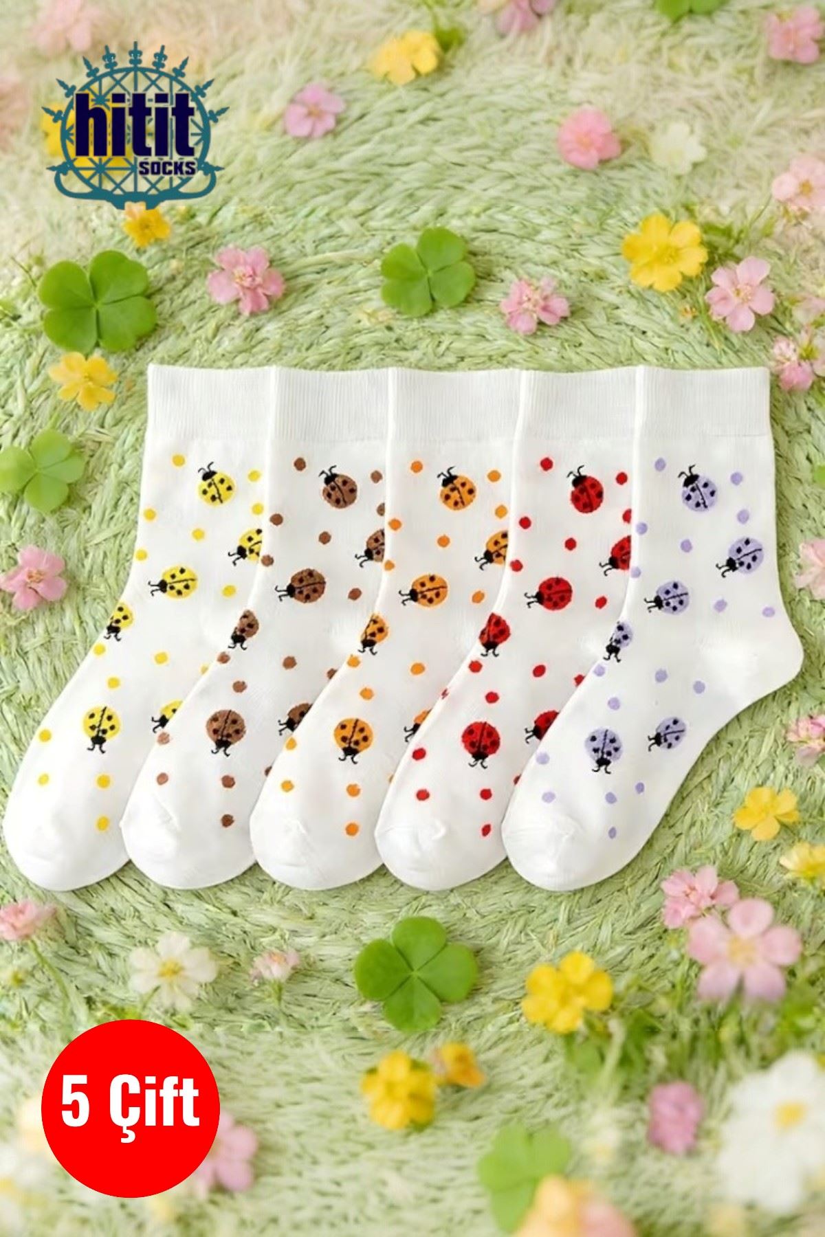 Hitit Socks Kadın 5 Çift Uğur Böceği Desenli Bahara Uygun Kısa Baldır Çorabı Beyaz Renkli
