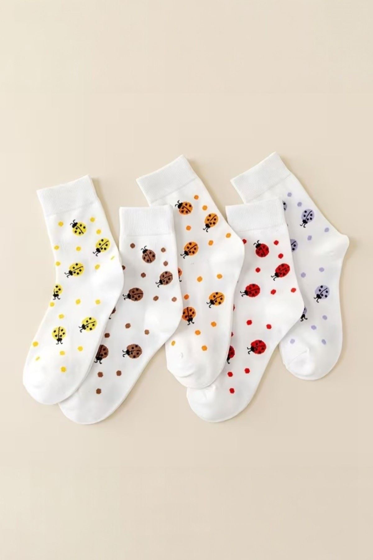 Hitit Socks Kadın 5 Çift Uğur Böceği Desenli Bahara Uygun Kısa Baldır Çorabı Beyaz Renkli