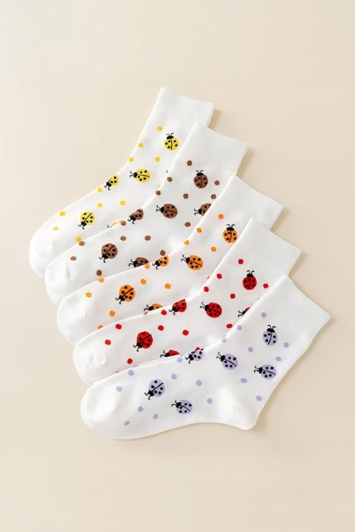 Hitit Socks Kadın 5 Çift Uğur Böceği Desenli Bahara Uygun Kısa Baldır Çorabı Beyaz Renkli