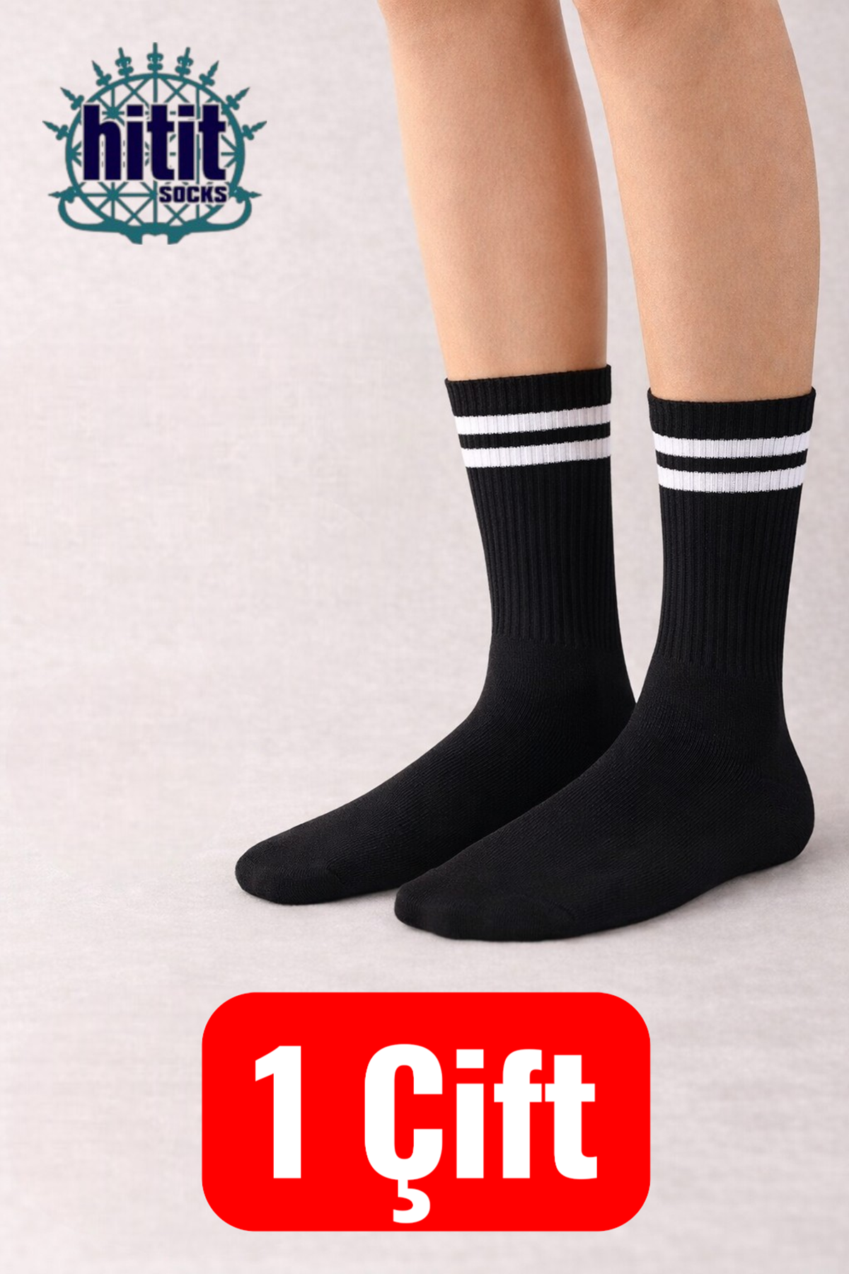 Hitit Socks 1 Çift Ekonomik Yüksek Pamuklu Beyaz Çizgili Kolej Çorap Siyah
