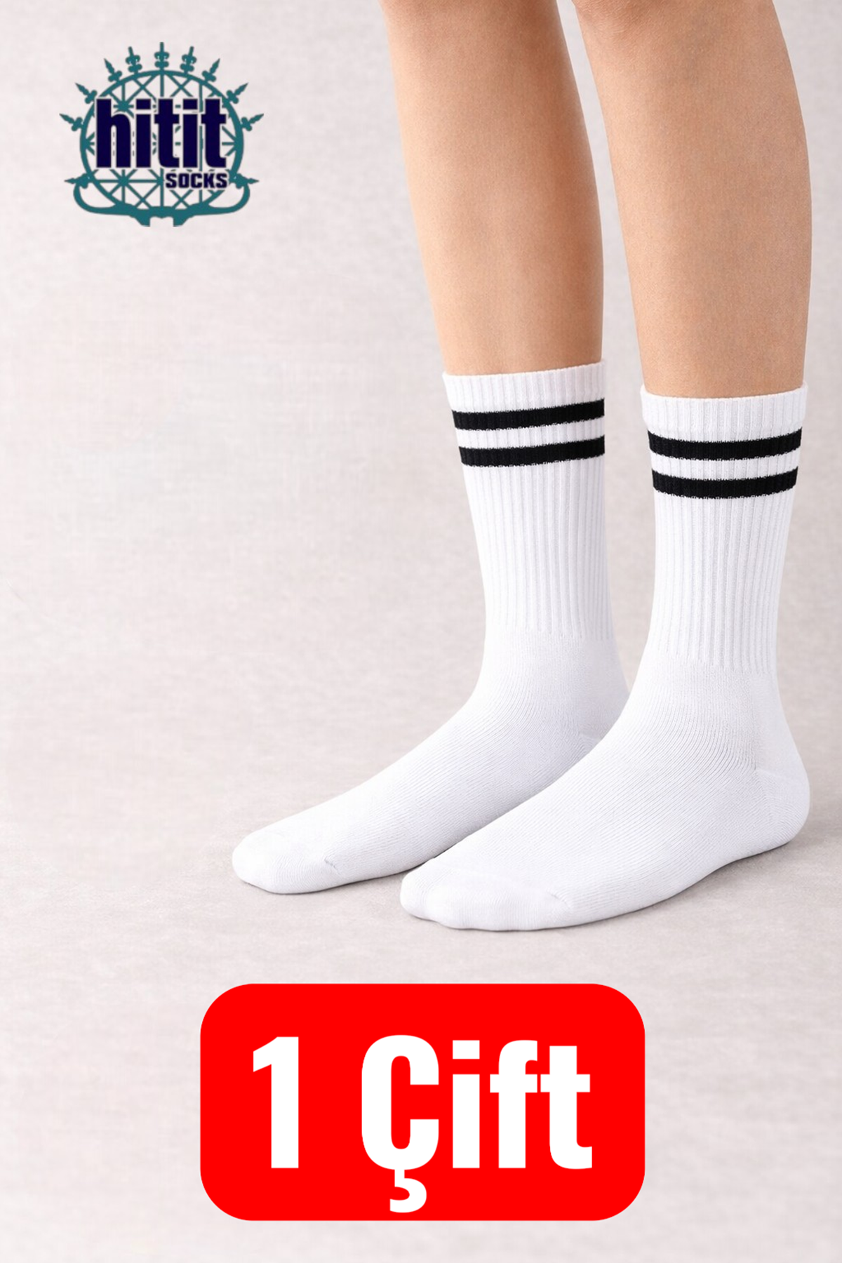 Hitit Socks 1 Çift Ekonomik Yüksek Pamuklu Siyah Çizgili Kolej Çorap Beyaz