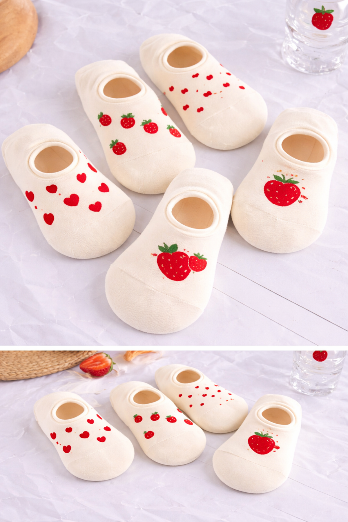 Hitit Socks Kadın5 Çift Çilek ve Kalp Desenli Yüksek Pamuklu Görünmez Babet Çorap Beyaz