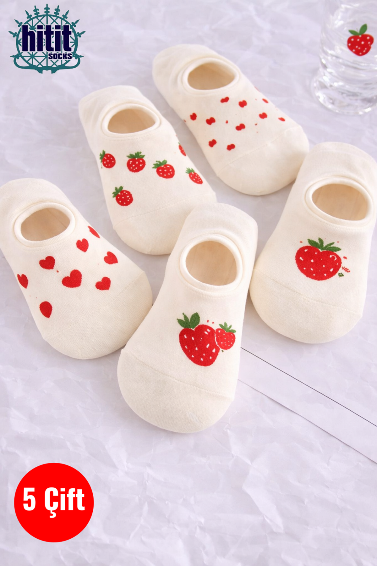 Hitit Socks Kadın5 Çift Çilek ve Kalp Desenli Yüksek Pamuklu Görünmez Babet Çorap Beyaz
