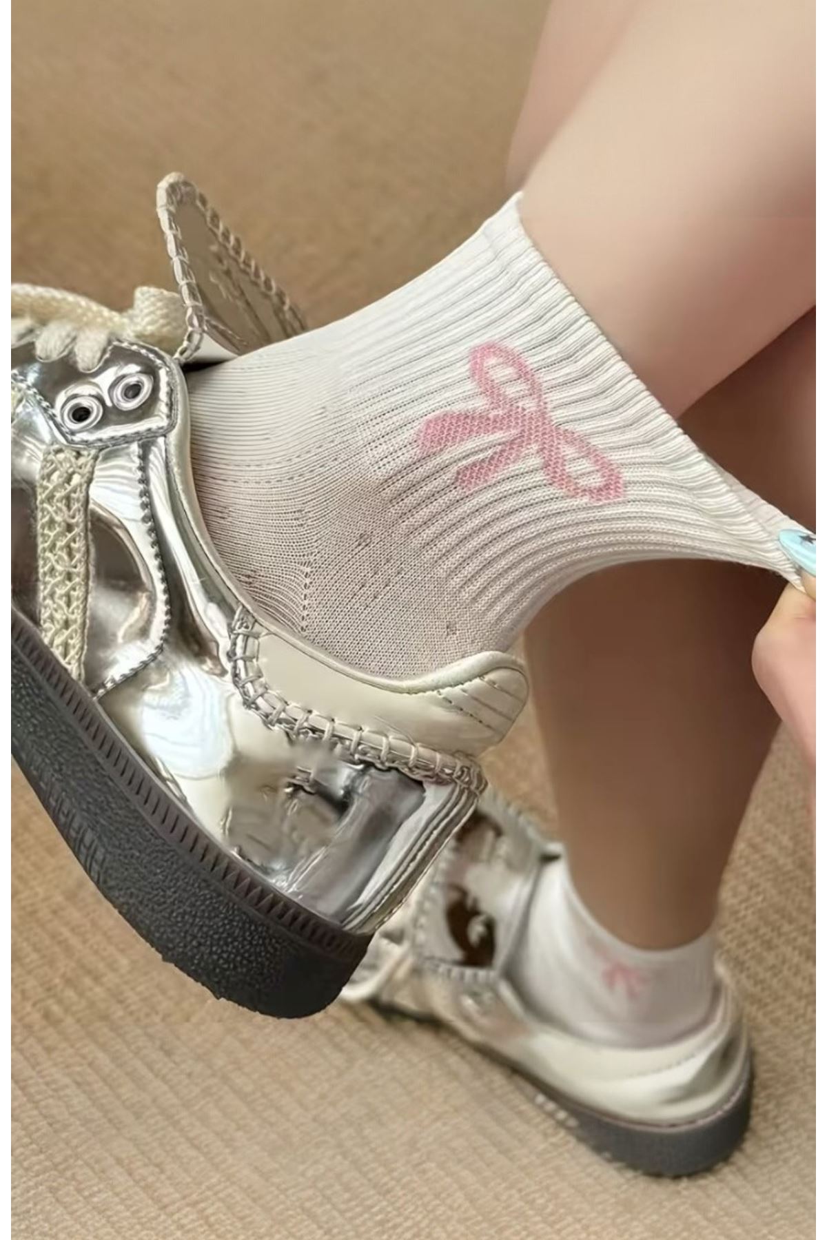 Hitit Socks Kadın 5 Çift Premium Karışık Çiçek Desenli Kısa Patik Çorap Bilek Çorabı Beyaz