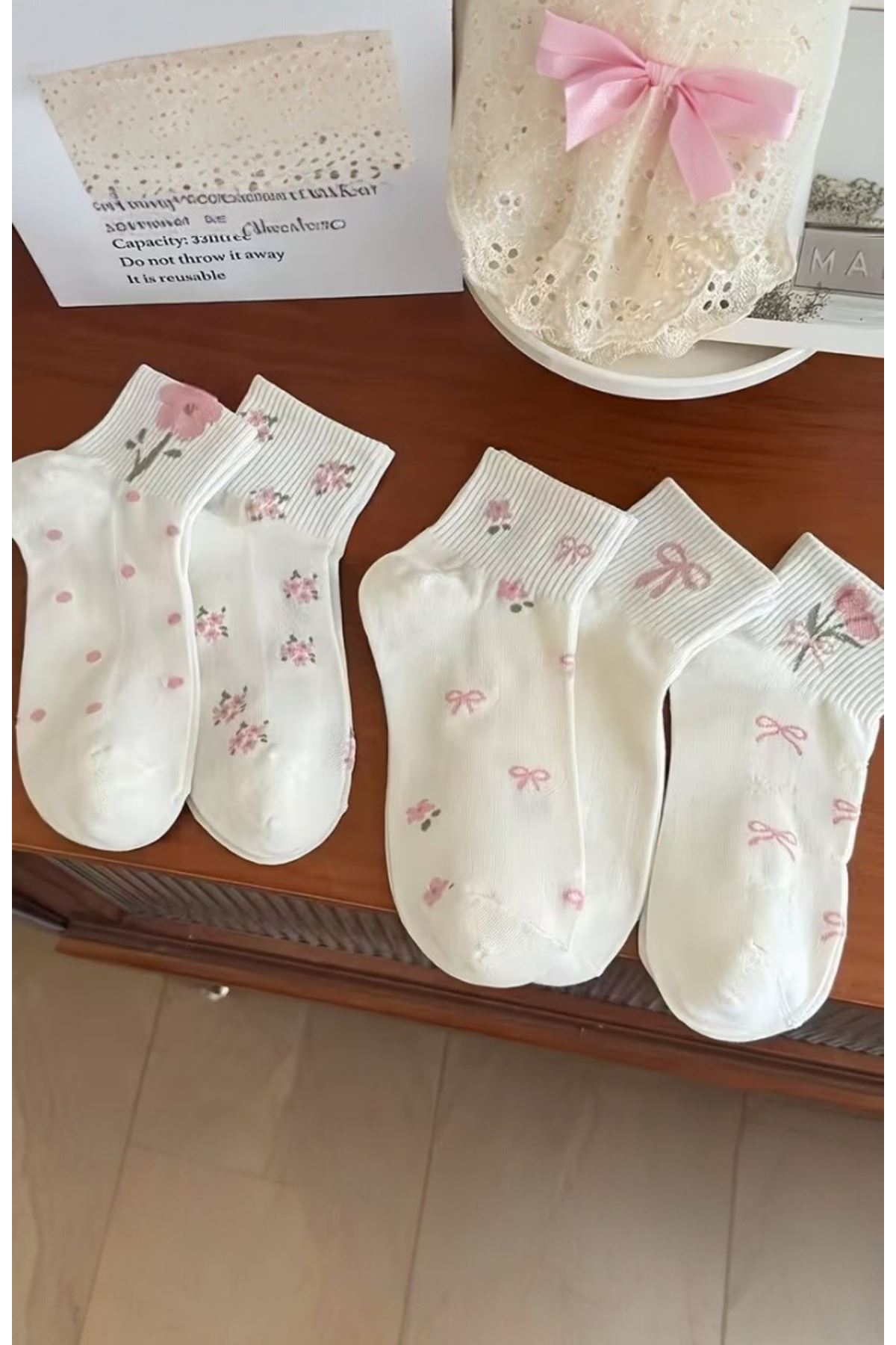 Hitit Socks Kadın 5 Çift Premium Karışık Çiçek Desenli Kısa Patik Çorap Bilek Çorabı Beyaz