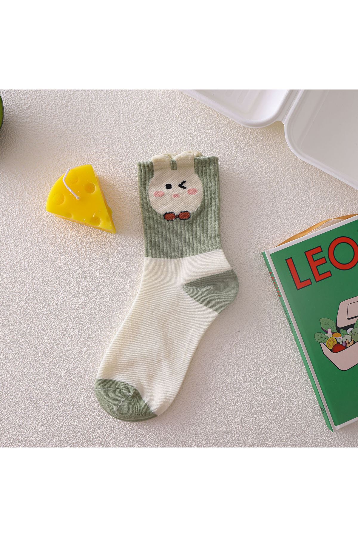 Hitit Socks Kadın 5 Çift Premium Kabartma Desenli Çiçek ve Çizgi Desenli Uzun Soket Çorap Yeşil