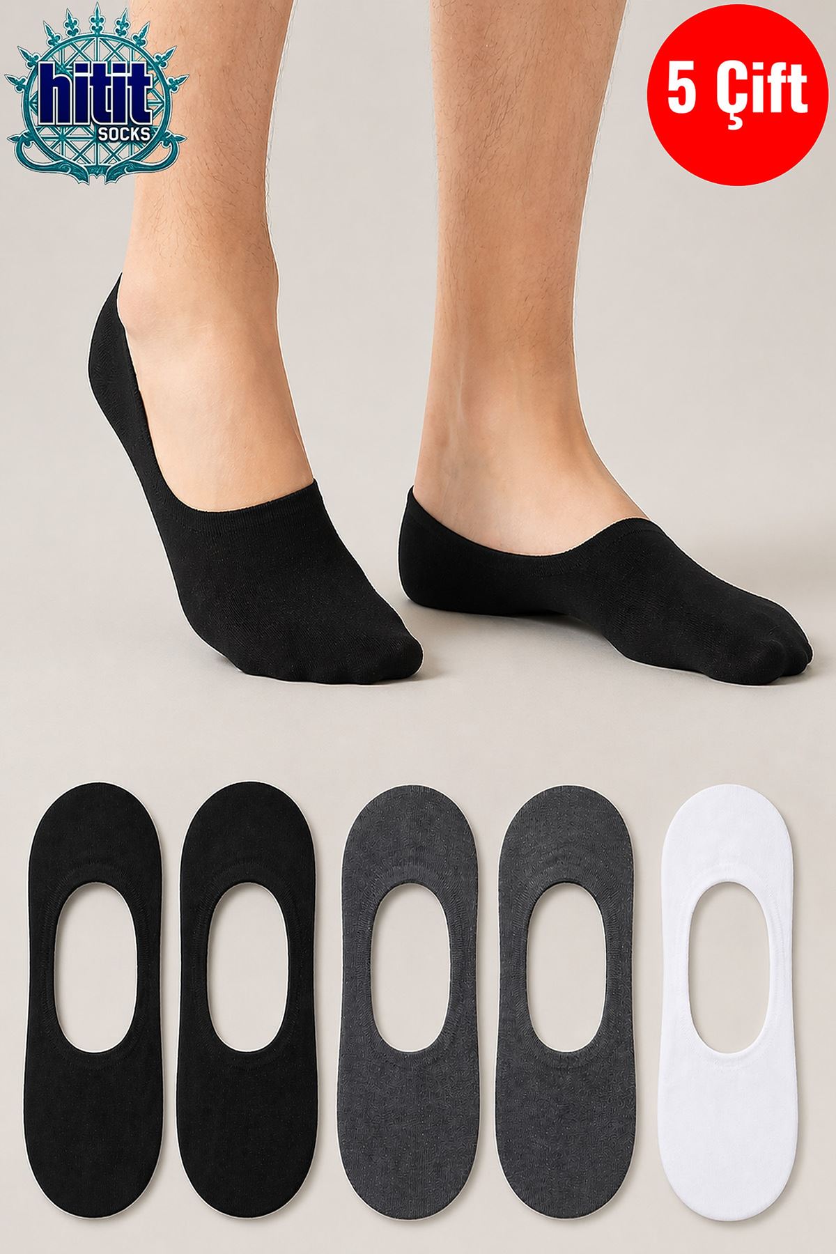 Hitit Socks Erkek 5 Çift Görünmez Babet Çorap Kaymaz Terletmez Topuk ve Burun Takviyeli Çok Renkli