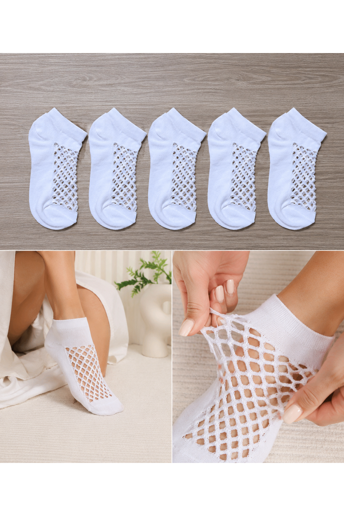 Hitit Socks Kadın 5 Çift Premium Kalite File Tasarım Bilek Çorabı Beyaz