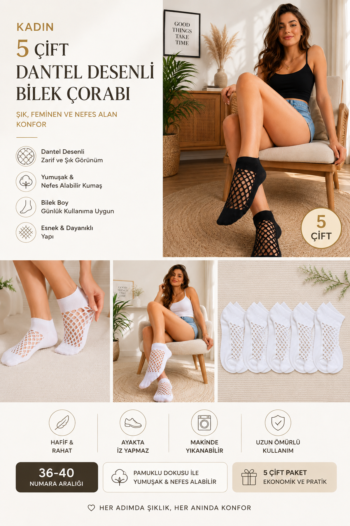 Hitit Socks Kadın 5 Çift Premium Kalite File Tasarım Bilek Çorabı Siyah