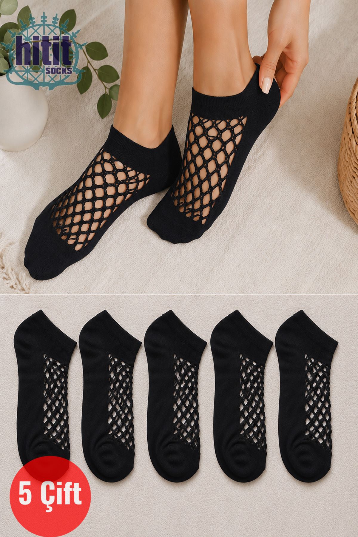 Hitit Socks Kadın 5 Çift Premium Kalite File Tasarım Bilek Çorabı Siyah