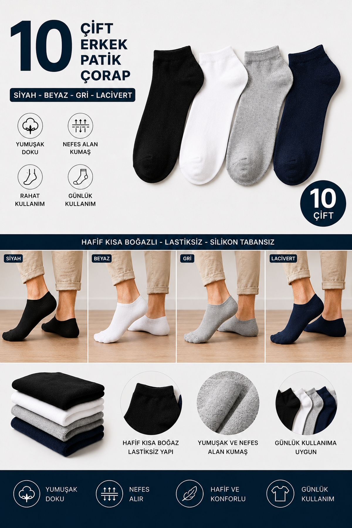 Hitit Socks 10 Çift Erkek Patik Çorap 40-45 Numara Siyah Beyaz Gri Lacivert Pamuklu Kısa Spor Çorap