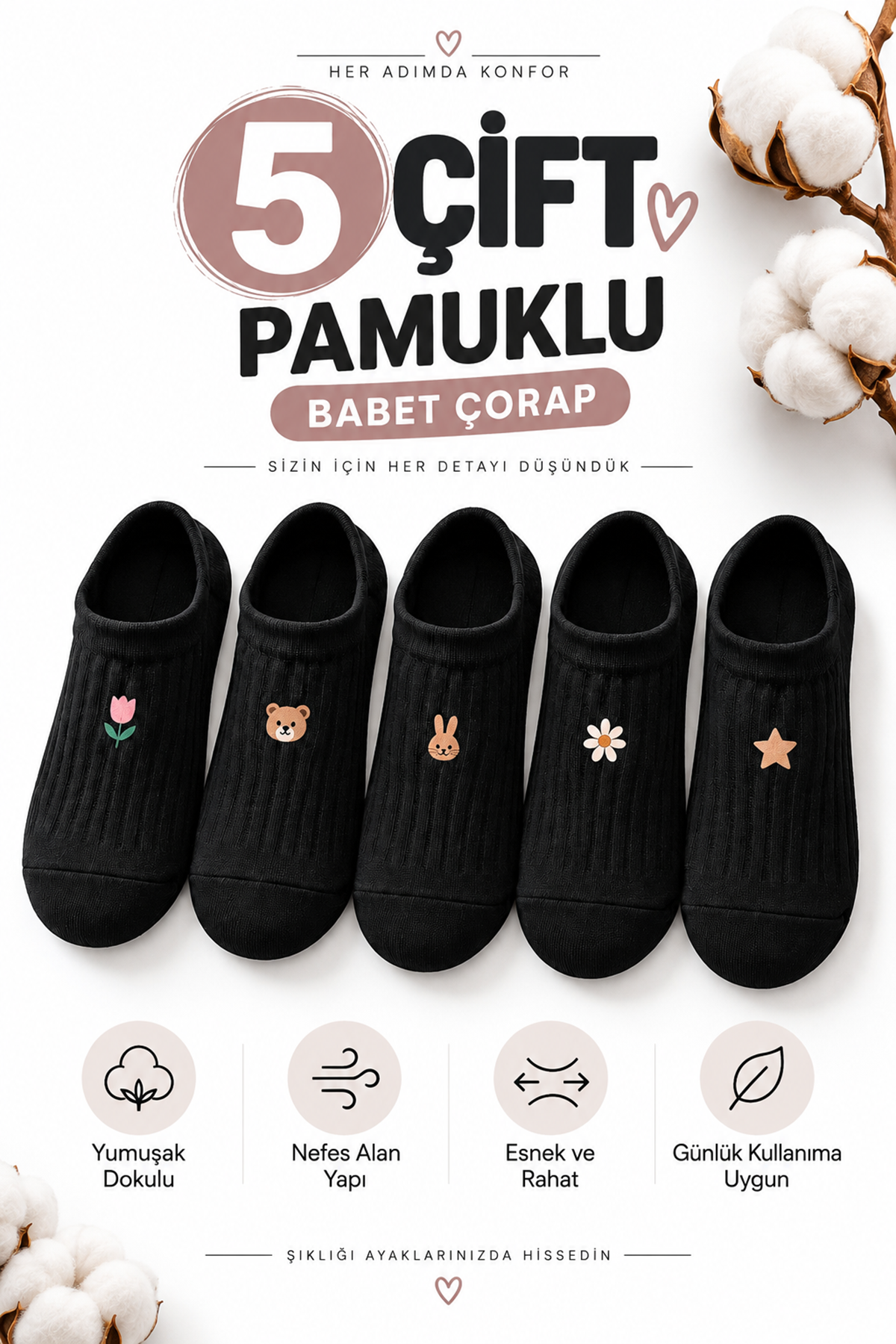 Hitit Socks Kadın 5 Çift Haycan Ve Çiçek Desenli Görünmez Çorap Babet Çorap