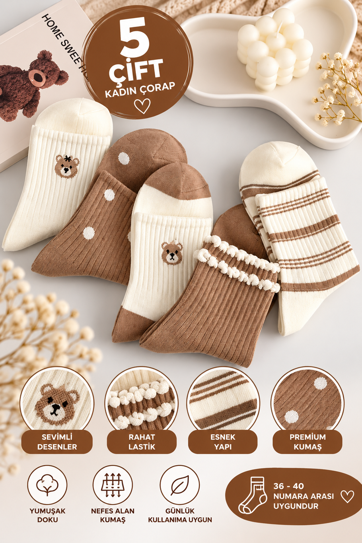 Hitit Socks Kadın 5 Çift Premium Ayı ve Çizgi Desenli Uzun Kolej Çorap Çok Renki
