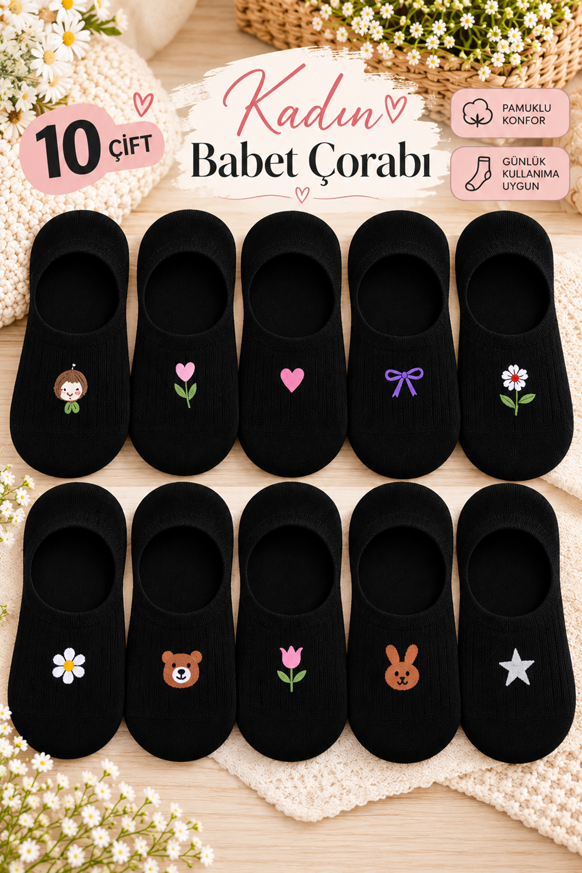 Hitit Socks Kadın 10 Çift Premium Kalite Hayvan ve Çiçek Desenli Görünmez Babet Çorap Siyah