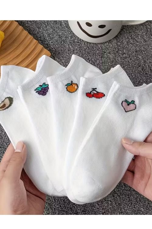 Kadın 5 Çift Renkli Meyve Desenli Günlük Premium Kalite Bilek Boy Kısa Patik Çorabı