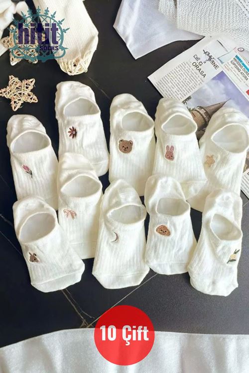 Kadın 10 Çift Premium Çiçek ve Hayvan Desenli Görünmez Babet Çorap Şeker Beyazı