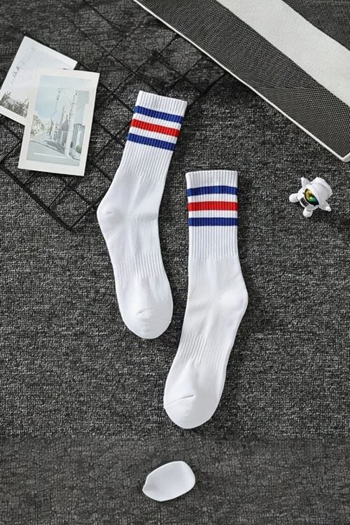 Unisex 3 Çift Premium Kalite Yüksek Pamuklu Kolej Çorap Mavi Kırmızı Çizgili