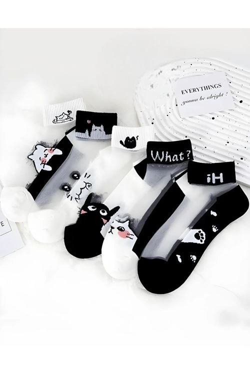 Kadın 5 Çift Karışık Kedi Desenli Tül Çorap Beyaz