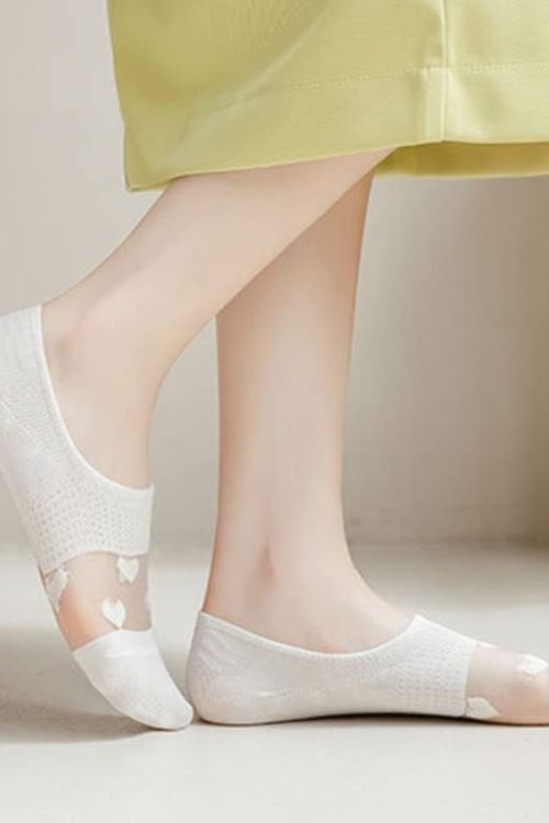 Kadın 5 Çift Premium Kalite Kalp Desenli Tül Çorap Beyaz