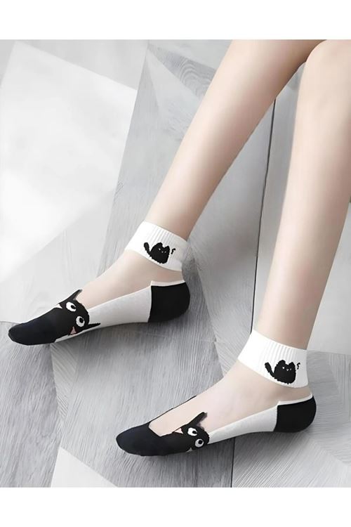 Kadın 5 Çift Karışık Kedi Desenli Tül Çorap Beyaz
