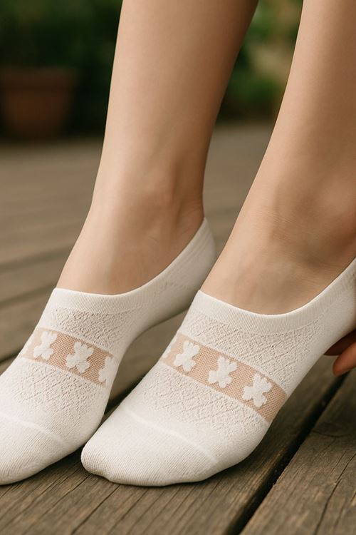 Kadın 5 Çift Premium Kalite Kalp Desenli Tül Çorap Beyaz