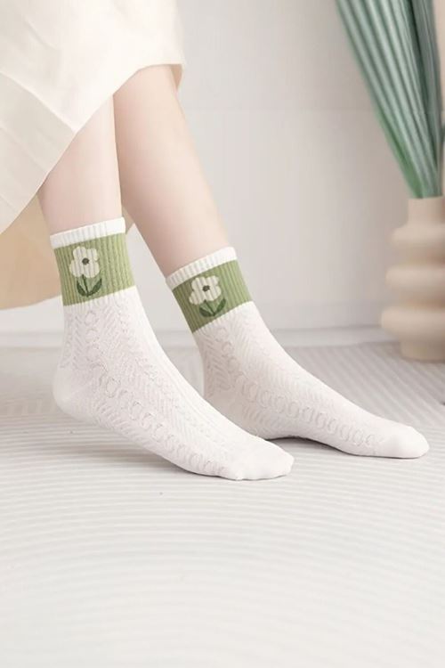 Kadın 5 Çift Premium Kalite Yeşil Çiçek Desenli Soket Çorap