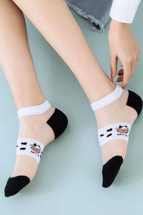 Kadın 5 Çift İnek Desenli Tül Çorap Beyaz