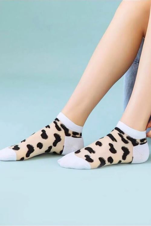 Kadın 5 Çift İnek Desenli Tül Çorap Beyaz