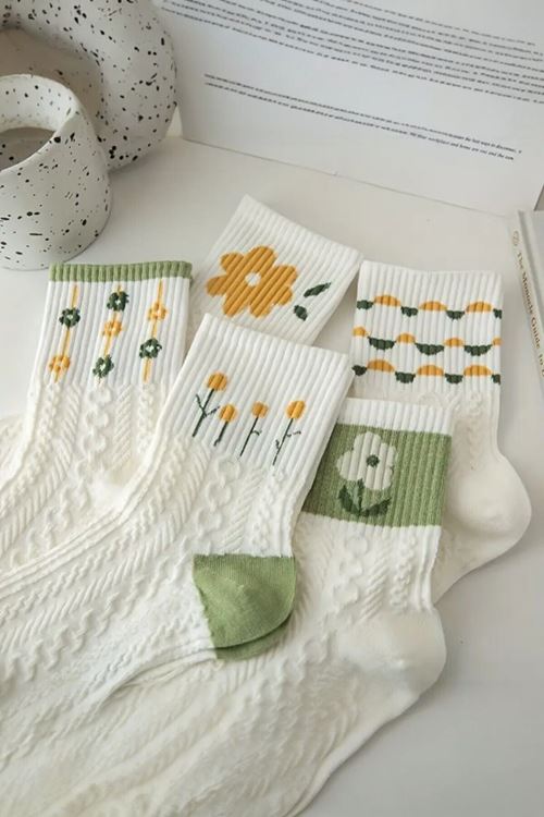 Kadın 5 Çift Premium Kalite Yeşil Çiçek Desenli Soket Çorap