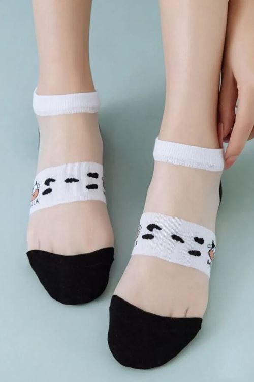 Kadın 5 Çift İnek Desenli Tül Çorap Beyaz