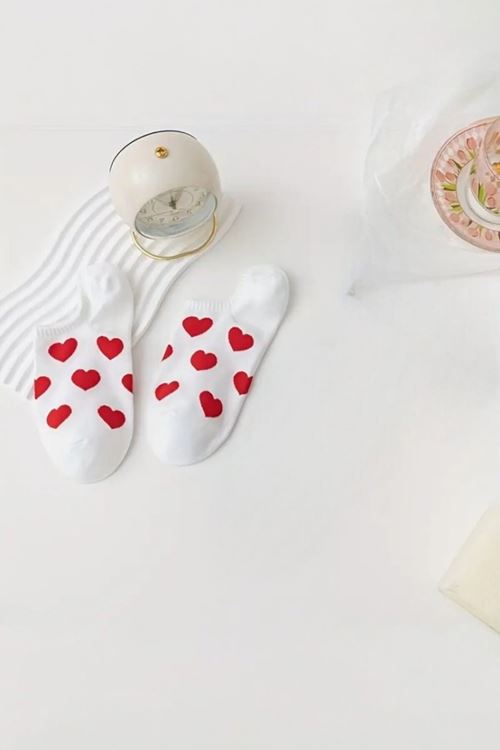 Kadın 5 Çift Premium Kalite Mini Kalp Desenli Görünmez Çorap