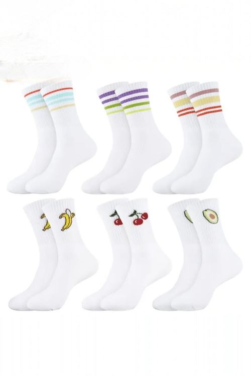 Kadın 6 Çift Premium Kalite Renkli Çizgili ve Meyve Desenli Nefes Alabilen Tenis Çorabı