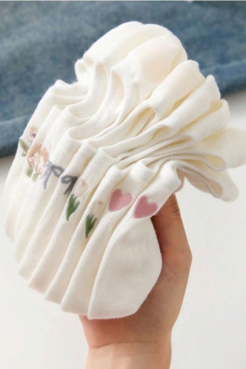 Kadın 5 Çift Premium Fiyonk Çiçek ve Kalp Desenli Babet Çorap Seker Beyazı