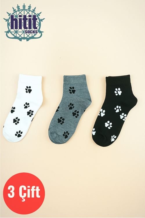 Unisex 3 Çift Premium Kalite Pati Desenli Patik Çorap Çok Renkli