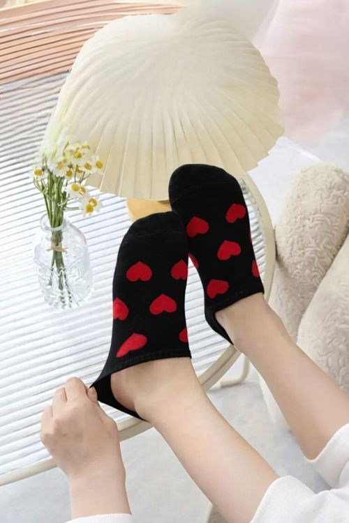 Kadın 5 Çift Premium Kalite Mini Kalp Desenli Görünmez Çorap Siyah
