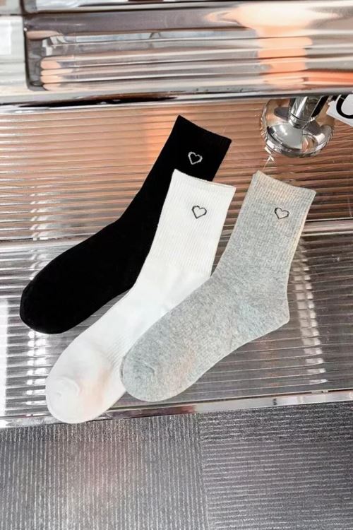 Kadın 6 Çift Premium Kalite Kalp Detaylı Tenis Çorap Siyah Beyaz Gri