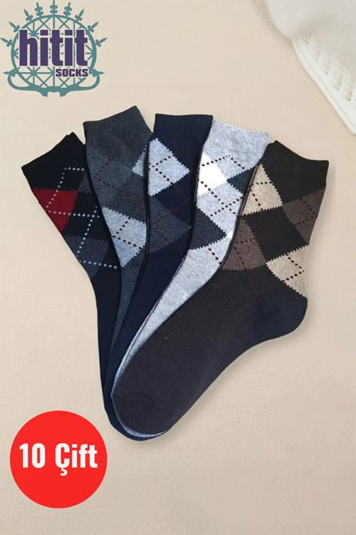 Erkek 10 Çift Günlük Sıkmayan Boğazlı Terletmez Baklava Desenli Baba Çorabı