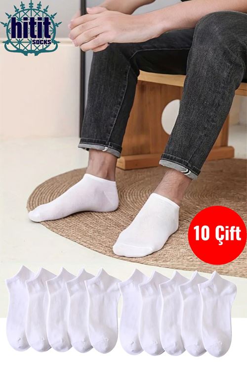 Hitit Sock Erkek 10 Çift Premium Kalite Pamuklu Düz Patik Beyaz