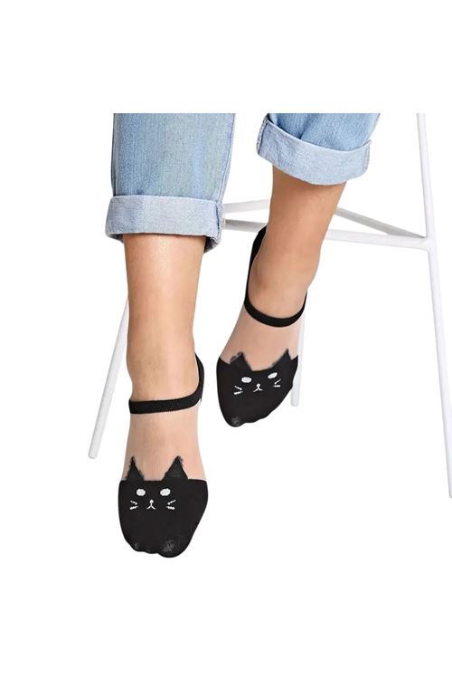 Kadın 3 Çift Premium Kalite Kedi Desenli Tül Şeffaf Çorap Çok Renkli