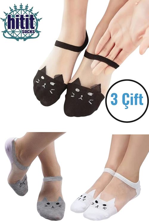 Kadın 3 Çift Premium Kalite Kedi Desenli Tül Şeffaf Çorap Çok Renkli
