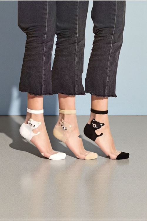 Kadın 3 Çift Premium Kalite Sevimli Kedi Desenli Tül Çorap Karışık Renkli